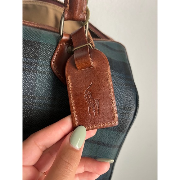 Polo Ralph Lauren Plaid Satchel Bag Leather Trim Crossbody Top Handle - Picture 4 of 10